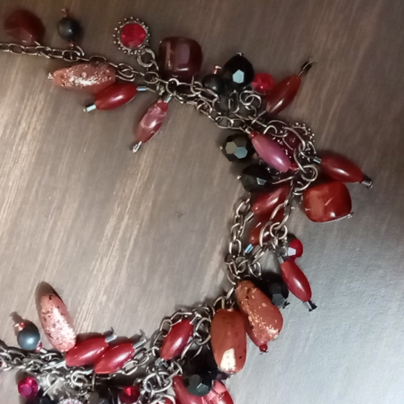 Red and Pink Polished Rock and Bead Necklace - Picture 3 of 4